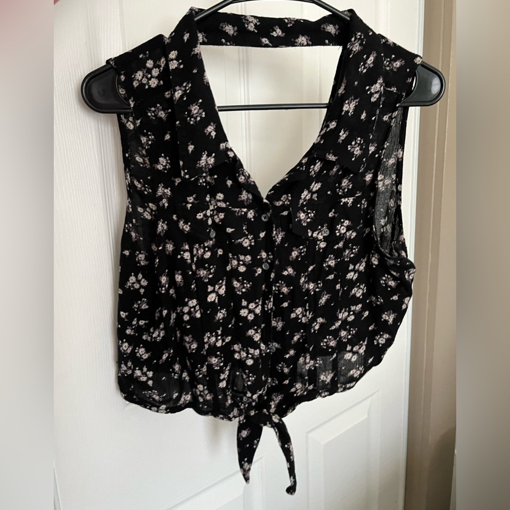 Black floral button up crop top with tie waist